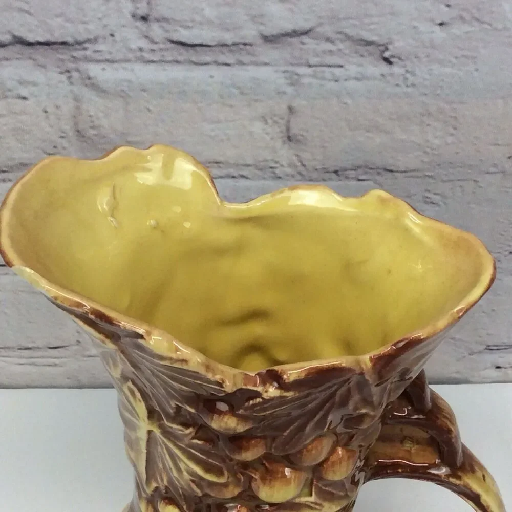 McCoy Pottery Vintage Grapevine Pitcher Vase Yellow Brown 9.5